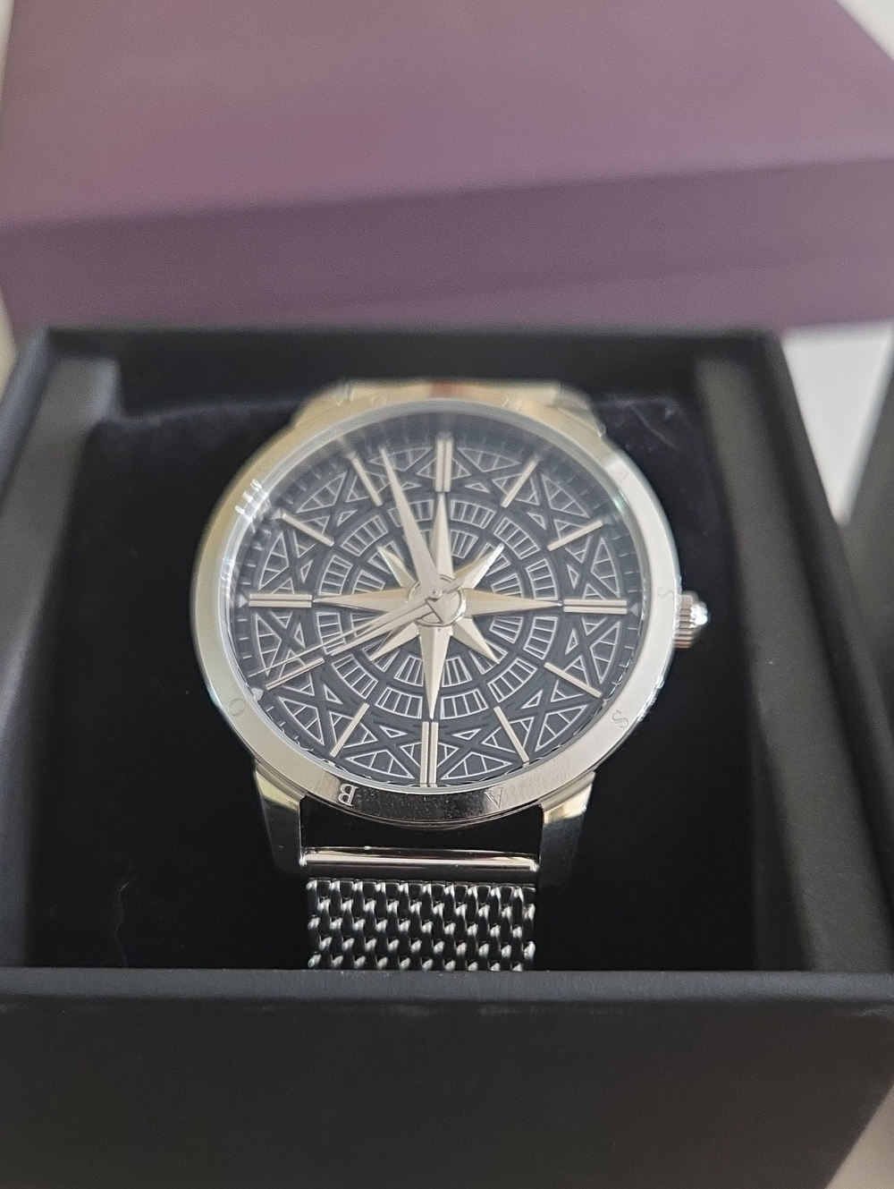Men's Silver Mesh Strap Watch with Black Geometric Dial